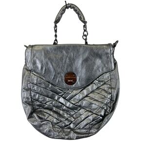 Elliott Lucca‎ Metallic Silver Leather Shoulder Bag Chain Strap Hobo Handbag
